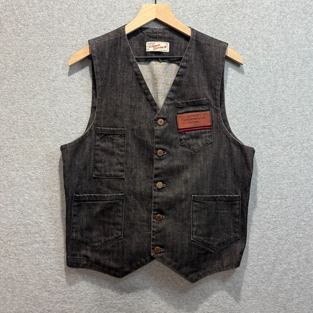 Detroit Denim Co Black Denim Vest Detroit Foundation Hotel Leather Patch Workwea